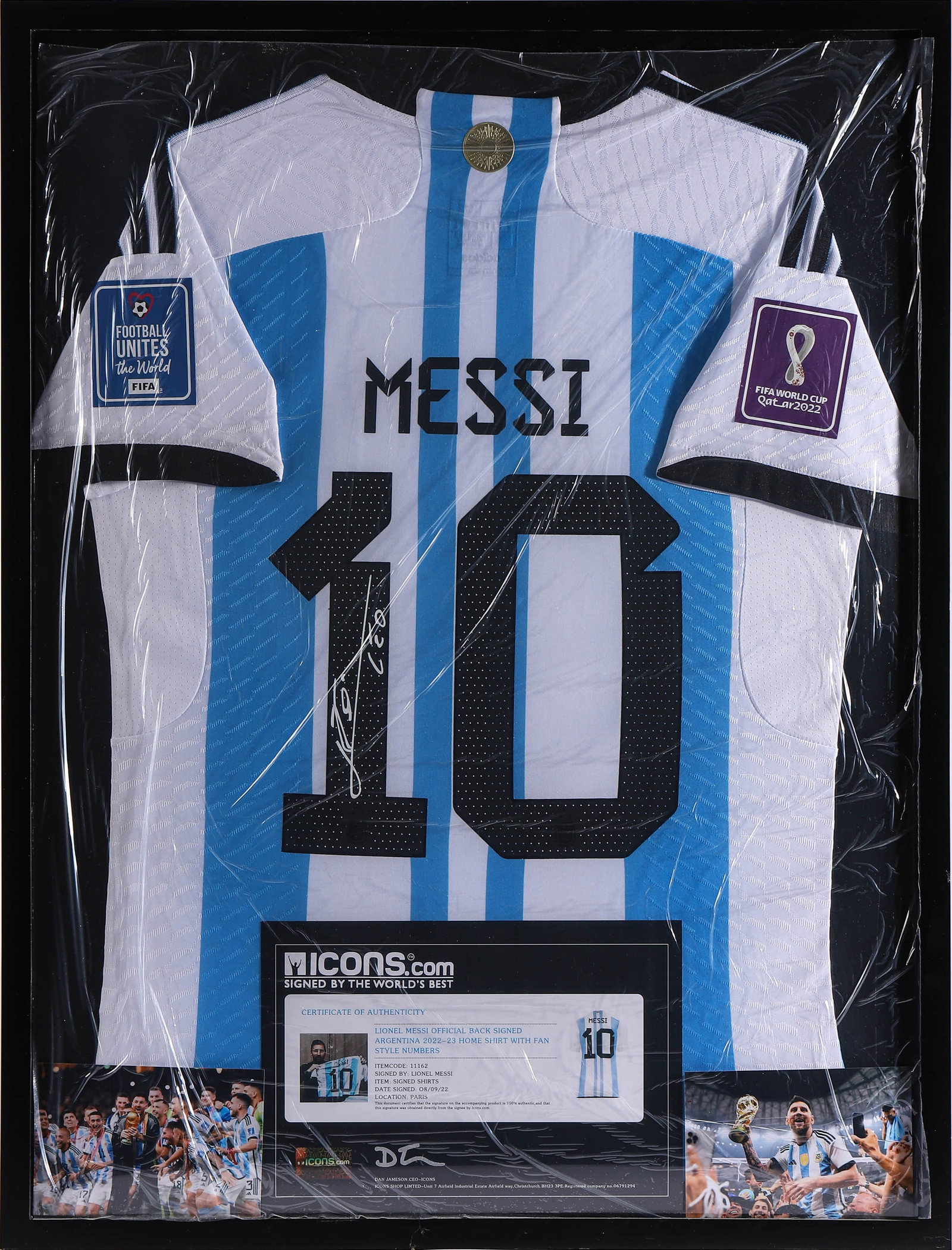 A SIGNED HOME JERSEY OF LIONEL MESSI FROM THE 2022 WORLD CUP. (1 of 2)
