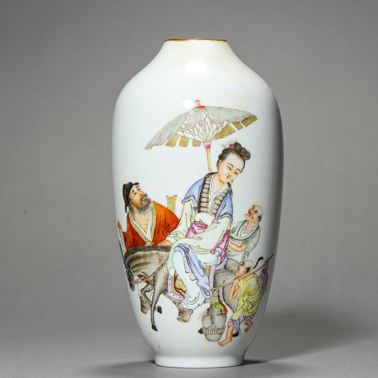 A CHINESE FAMILLE ROSE VASE WITH ZHONG KUI CELEBRATING HIS SISTER'S WEDDING MOTIF, MARKED "DA QING (1 of 3)