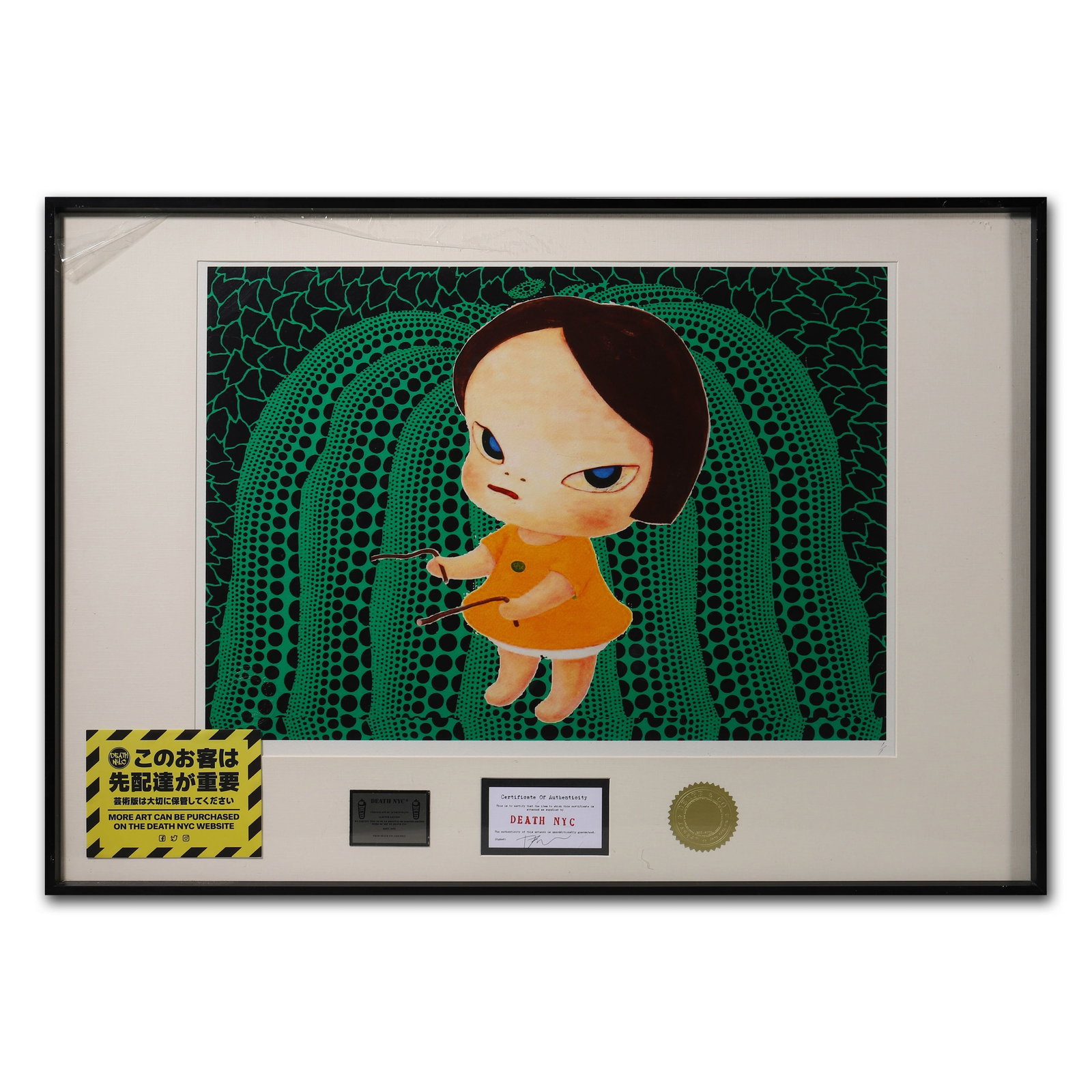 DEATH NYC – GREEN DOT GIRL (2021): DEATH NYC – GREEN DOT GIRL (2021) Length: 16 1/2 in. (42 cm), Width: 11 5/8 in. (29.5 cm) “Green Dot Girl” by DEATH NYC merges street art aesthetics with contemporary pop imagery. The bold g