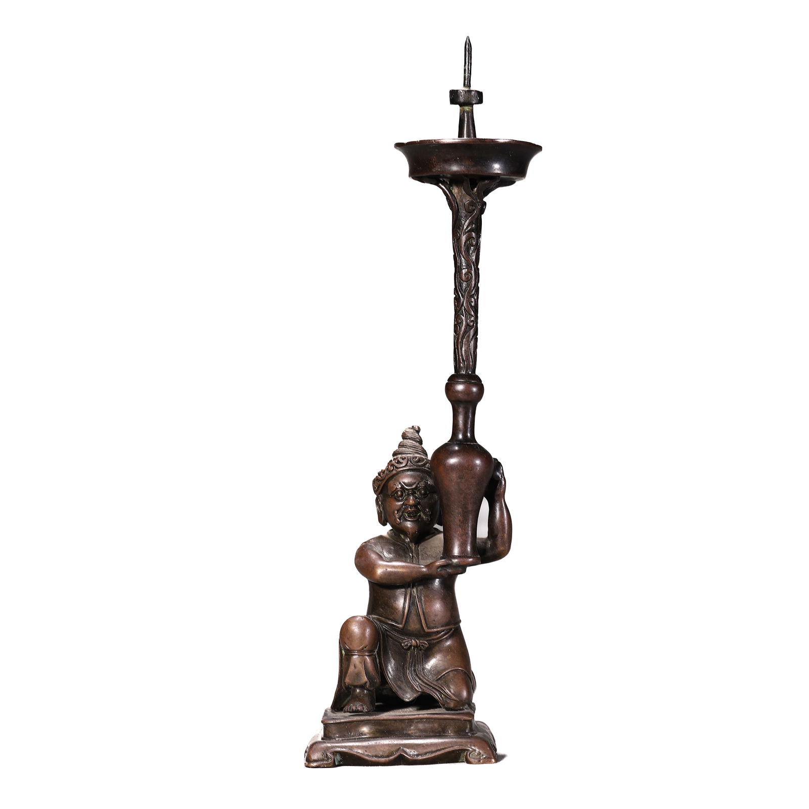 A CHINESE BRONZE FIGURAL CANDLESTICK. (1 of 2)