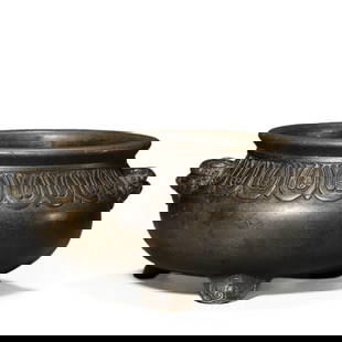 A CHINESE BRONZE CENSER WITH LION HANDLES, MARKED "DA MING XUANDE NIAN ZHI," POSSIBLY MING DYNASTY,: A CHINESE BRONZE CENSER WITH LION HANDLES, MARKED "DA MING XUANDE NIAN ZHI," POSSIBLY MING DYNASTY, 15TH CENTURY. Height: 2 15/16 in. (7.5 cm) Condition: Any statement made in any catalogue or otherwi