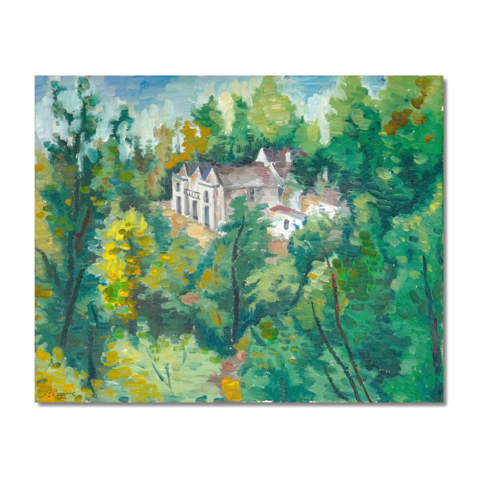 PAUL CÉZANNE (1839-1906), OIL ON CANVAS: Canvas Size: 65.1 × 81.1 cm (25 3/4 × 32 in) Signed (lower left) Painted in 1879, “Maisons à flanc de colline” stands as a quintessential example of Paul Cézanne’s transition from Impres