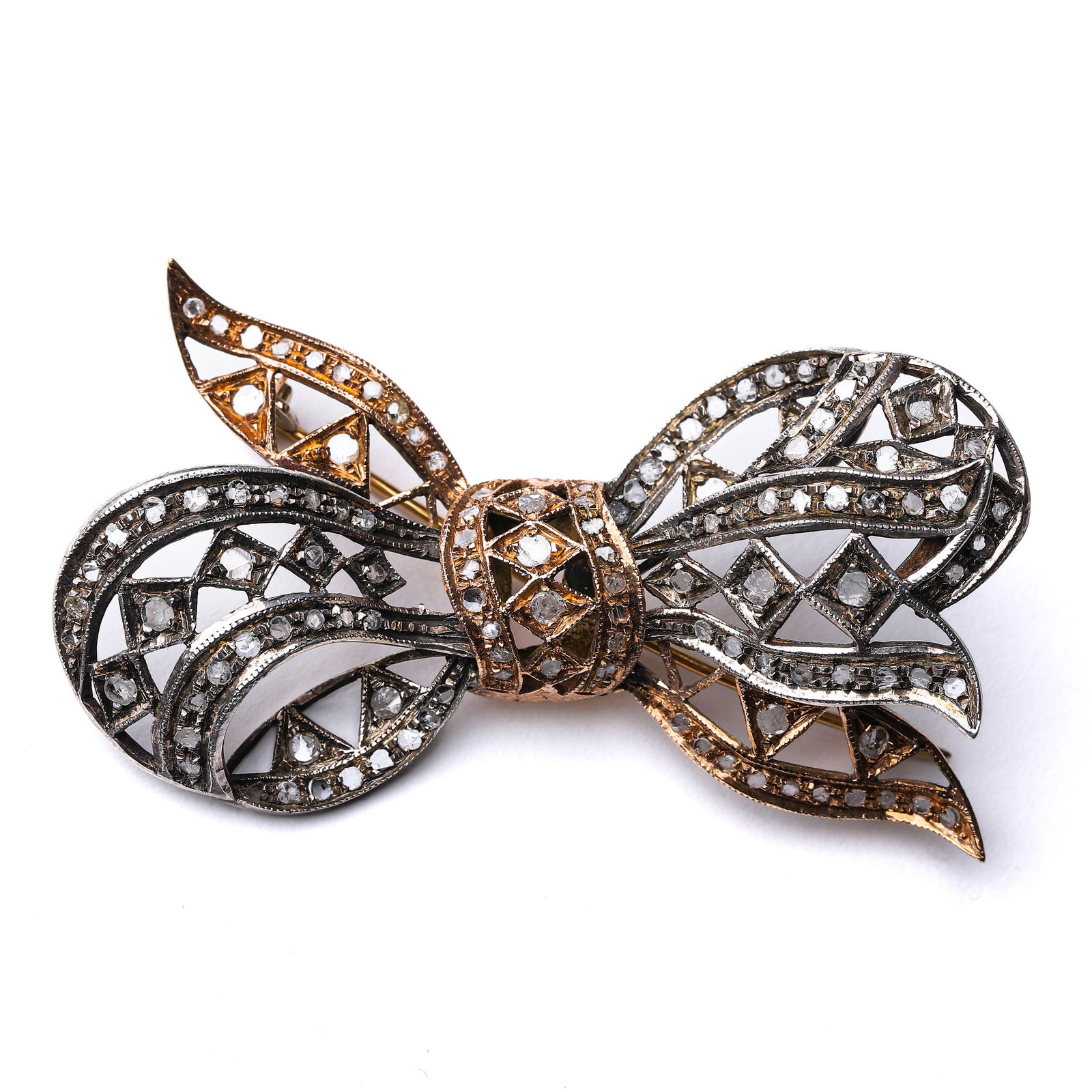 VICTORIAN ERA ITALIAN GOLD AND SILVER LAYERED DIAMOND BOW BROOCH, 9K GOLD AND SILVER (1 of 4)