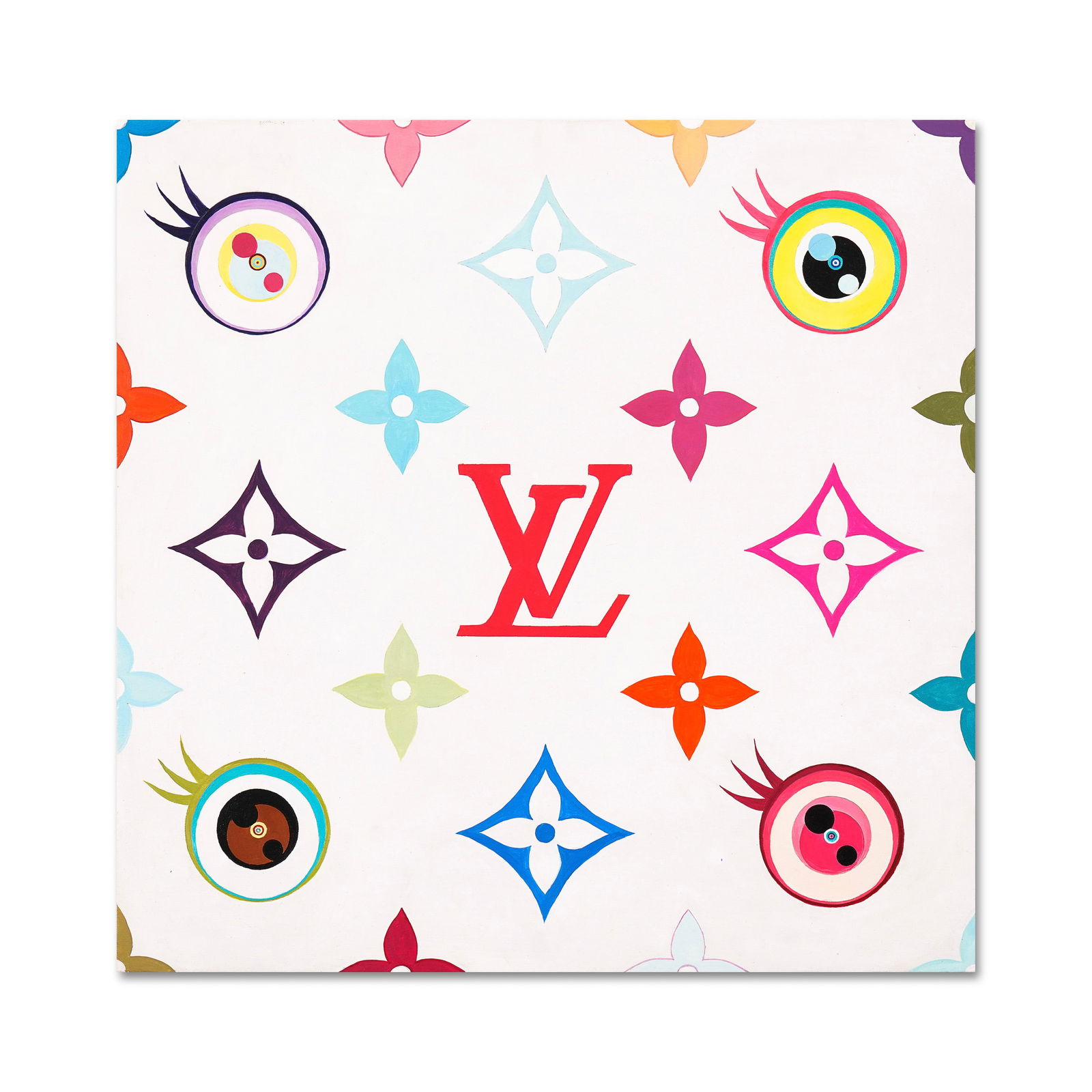 TAKASHI MURAKAMI (B.1962), ACRYLIC ON CANVAS: Signed (reverse) Image Dimensions: 23 5/8 x 23 5/8 in (60 x 60 cm) Eye Love Superflat, created in 2003, is a quintessential example of Takashi Murakami's mature "Superflat" concept, a visual language