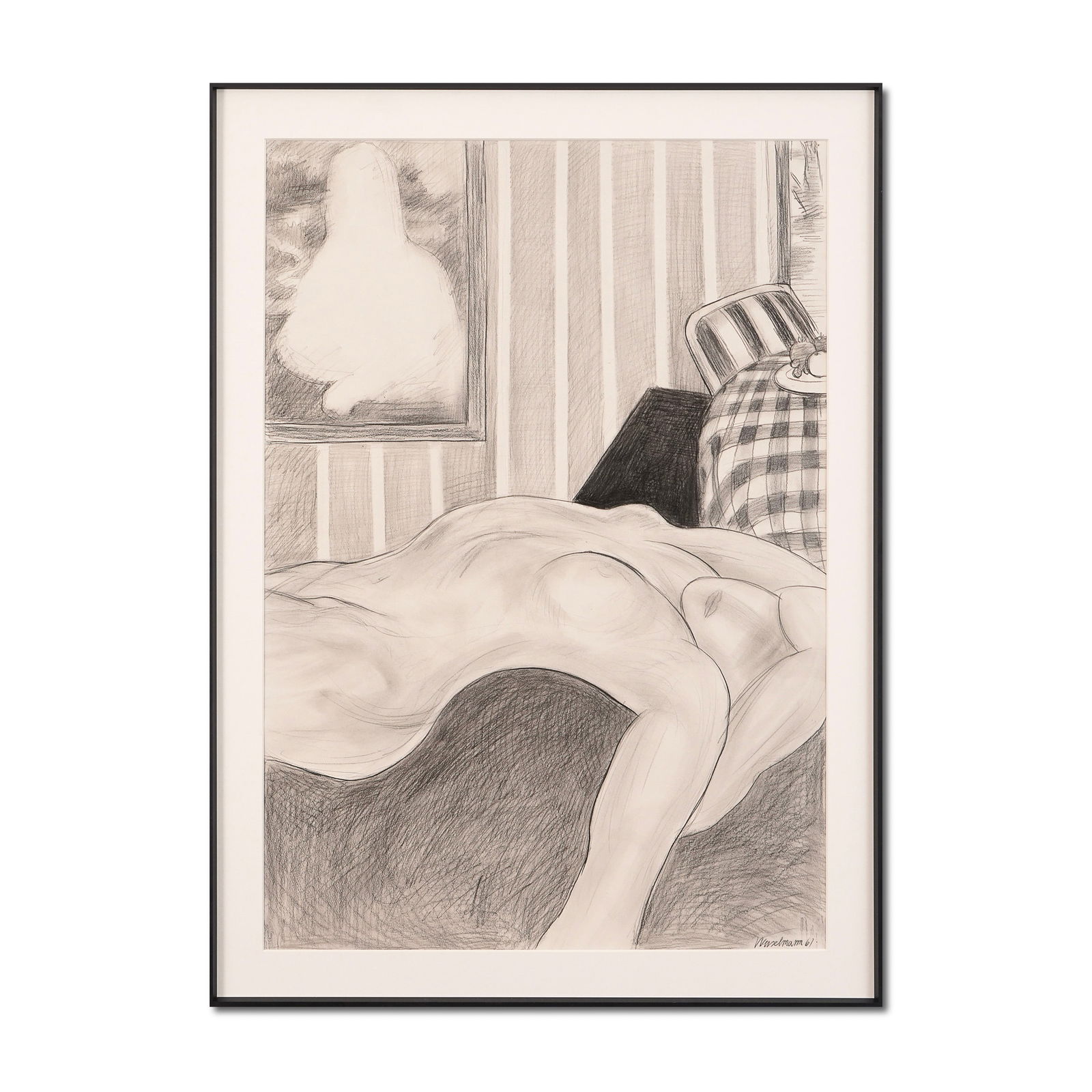 TOM WESSELMANN (1931-2004), CHARCOAL AND GRAPHITE ON PAPER: Signed (lower right) Image dimensions: 31 1/8 x 21 1/2 in (79 x 54.5 cm) Tom Wesselmann's Great American Nude #25 is a striking charcoal composition from the formative years of the artist's iconic "Gr