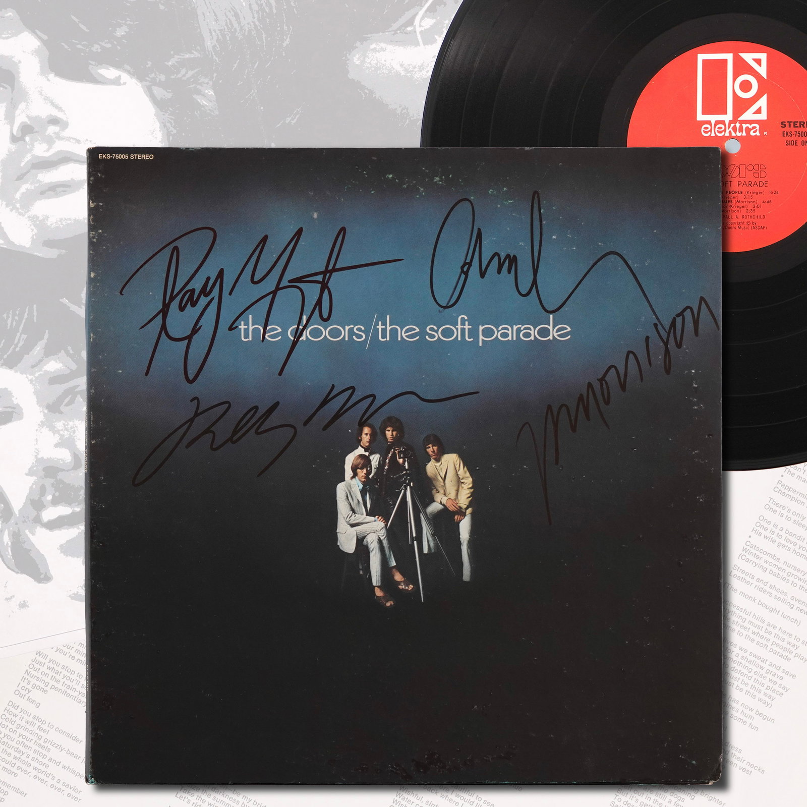 THE DOORS FULLY SIGNED "THE SOFT PARADE" LP (1969): 12 1/4 x 12 1/4 in Provenance and Authentication: This remarkable piece has been subjected to extensive forensic examination by experienced specialists. The signatures exhibit strong consistency in in