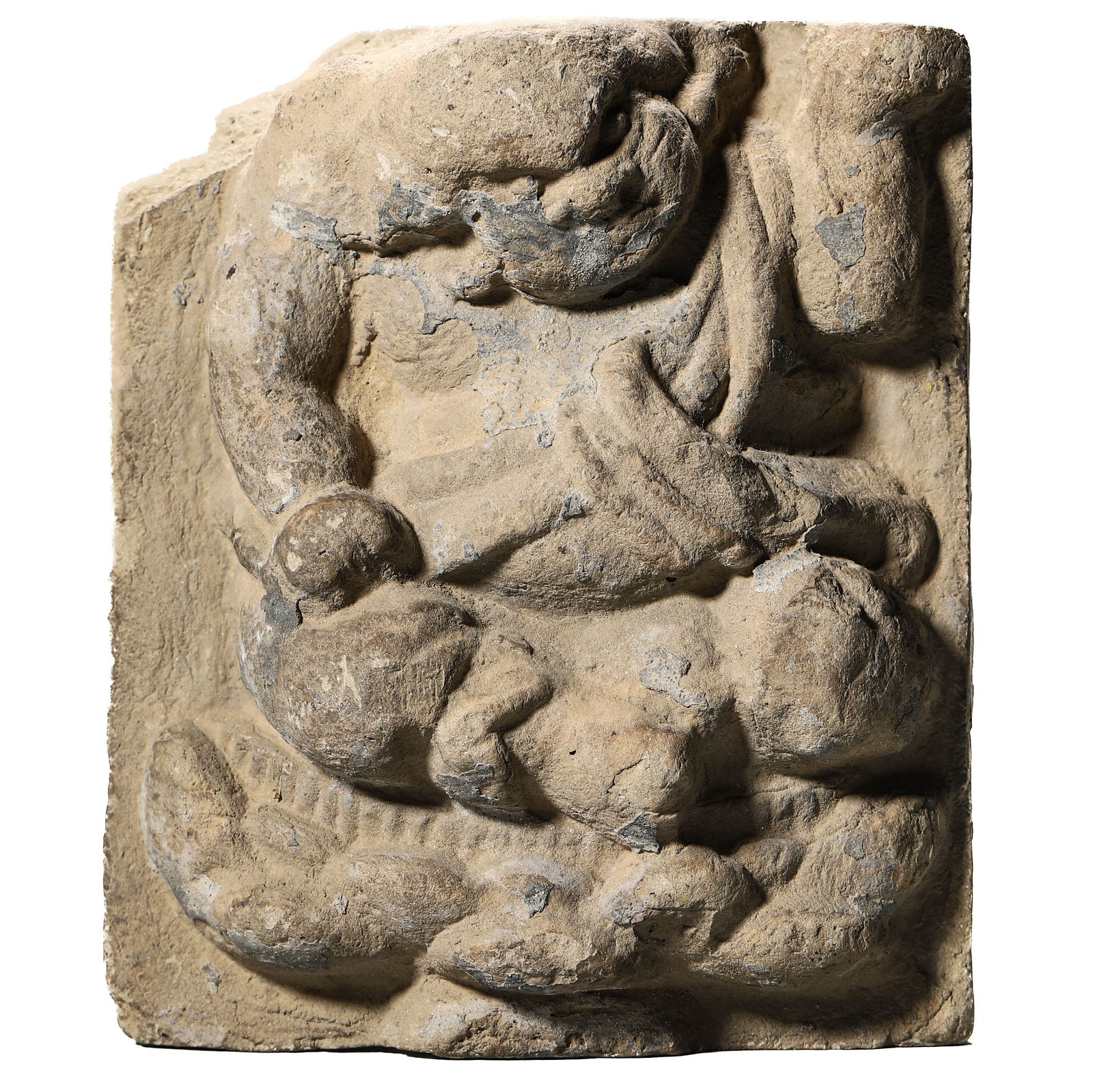 A CHINESE STONE RELIEF FRAGMENT OF A CELESTIAL FIGURE, NORTHERN WEI DYNASTY (386–534). (1 of 7)