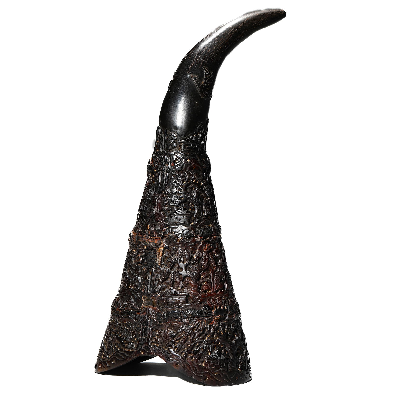 A CHINESE CARVED OX HORN LIBATION CUP, QING DYNASTY (17TH–18TH CENTURY). (1 of 6)