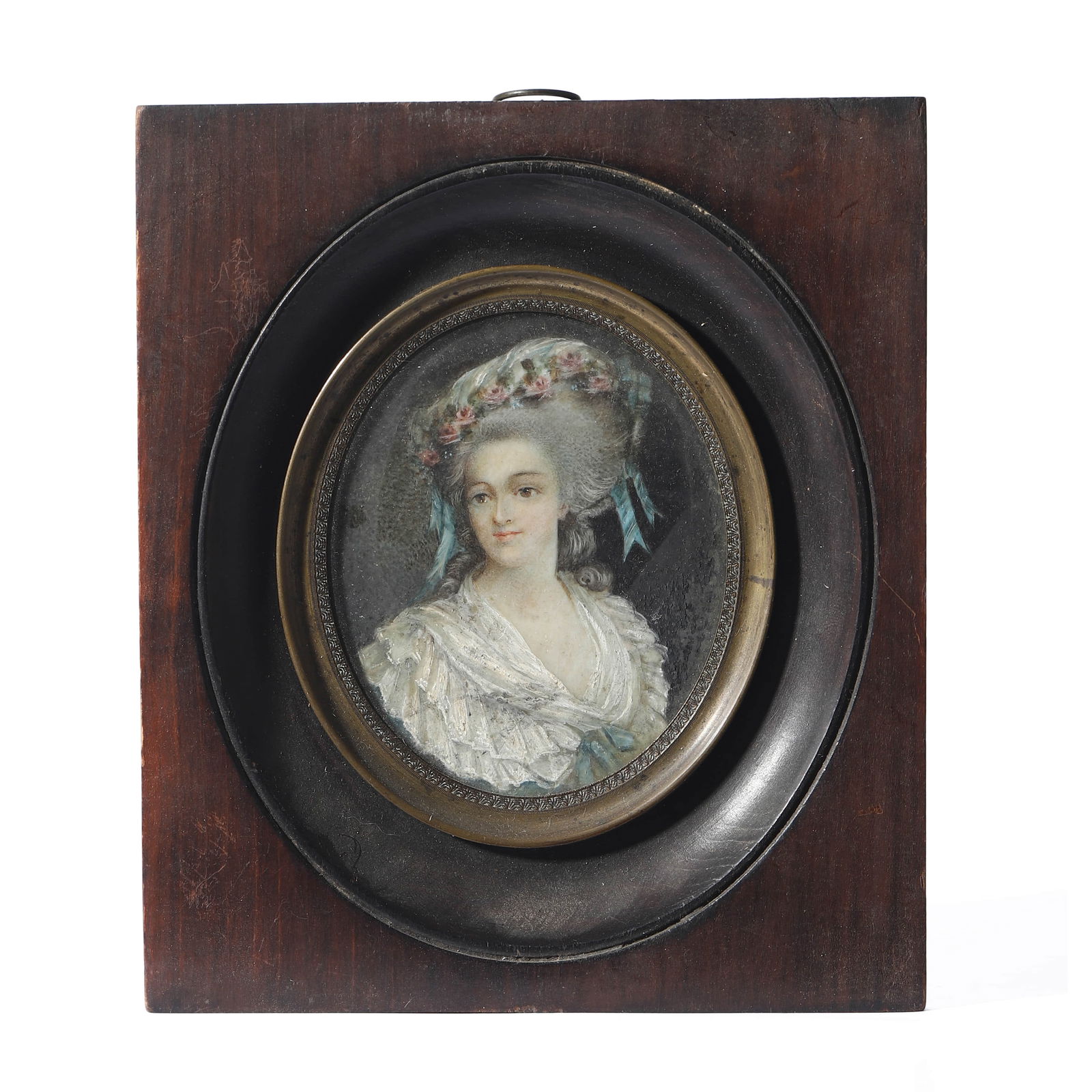 BRITISH SCHOOL, LATE 19TH CENTURY — PORTRAIT OF A LADY IN WHITE.: Medium: Watercolor and gouache on ivory (miniature portrait), mounted in a circular gilt bezel within a dark wooden frame. Dimensions: Frame: 5 3/4 × 4 7/8 in. (14.5 × 12.5 cm). Description: A refin
