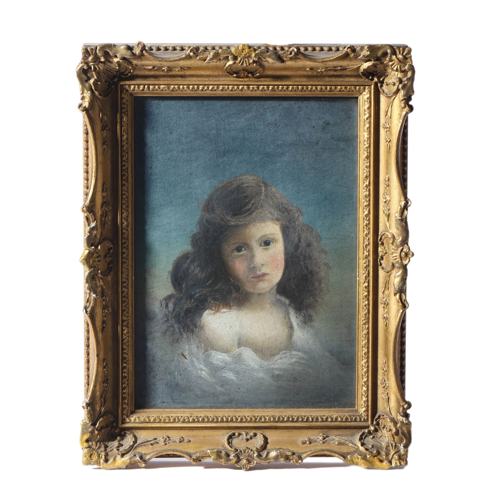 BRITISH SCHOOL, EARLY 20TH CENTURY — PORTRAIT OF A YOUNG GIRL (ANGELIC CHILD).: BRITISH SCHOOL, EARLY 20TH CENTURY — PORTRAIT OF A YOUNG GIRL (ANGELIC CHILD). Medium: Oil on canvas, unsigned. Dimensions: Canvas: 6 1/2 × 4 3/4 in. (16.5 × 12 cm); Frame: 8 5/8 × 7 in. (22 × 1