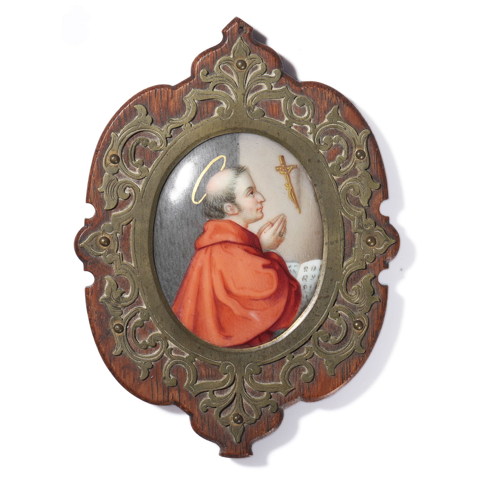 GERMAN, 19TH CENTURY — A HAND-PAINTED PORCELAIN PLAQUE OF A SAINT IN PRAYER. (1 of 5)