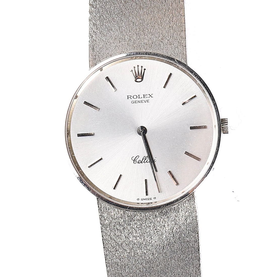 A vintage Rolex Cellini wristwatch: Length: 7 5/8 in (19.5 cm); Dial diameter: 1 1/8 in (3 cm). A vintage Rolex Cellini wristwatch, featuring a slim stainless steel case with a brushed silver dial and minimalist hour markers. The watch