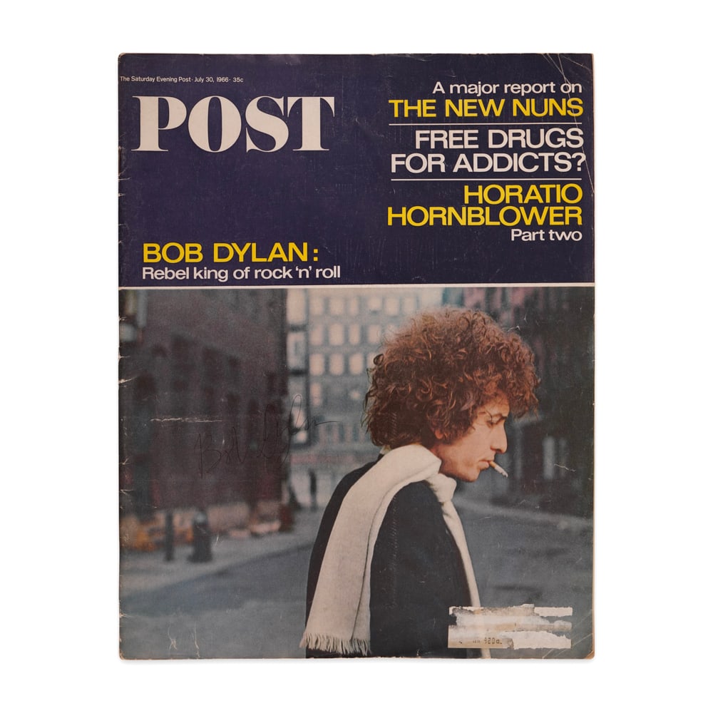 BOB DYLAN SIGNED SATURDAY EVENING POST MAGAZINE, JULY 30, 1966: 13 5/8 x 10 5/8 in (34.5 x 27 cm) Provenance and Authentication: This collectible has undergone a rigorous forensic evaluation. The signatures were carefully analyzed across multiple criteria, includi