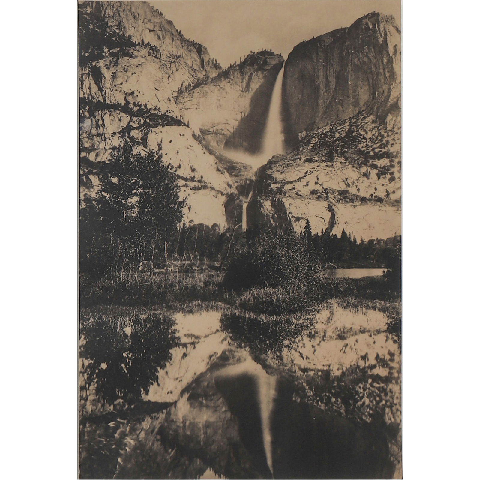 YOSEMITE FALLS, REFLECTED (PHOTOGRAPHED BY CARLETON E. WATKINS): Artist Carleton E. Watkins Title YOSEMITE FALLS, REFLECTED (PHOTOGRAPHED BY CARLETON E. WATKINS) Medium Gelatin silver print, mounted on board(later printed) Dimensions Photograph 7 7/8 × 11 3/4 in.