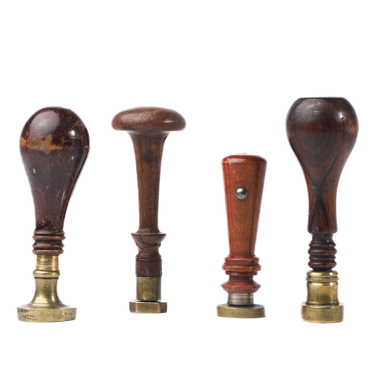 A SET OF FOUR ANTIQUE WOOD AND BRASS WAX SEAL STAMPS (1 of 2)