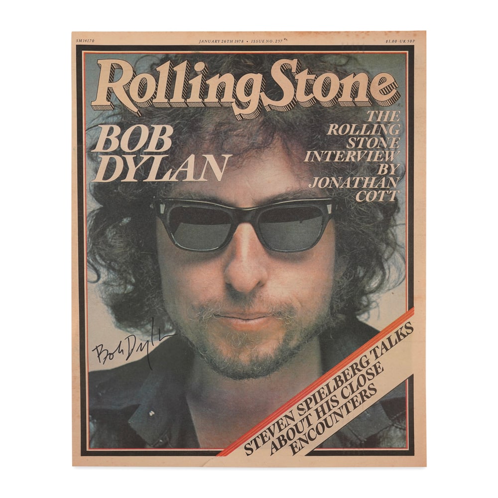 BOB DYLAN SIGNED "ROLLING STONE" MAGAZINE COVER, JANUARY 26, 1978 (COVER ONLY): 13 3/8 x 10 7/8 in (34 x 27.5 cm) Provenance and Authentication: This collectible has undergone a rigorous forensic evaluation. The signatures were carefully analyzed across multiple criteria, includi