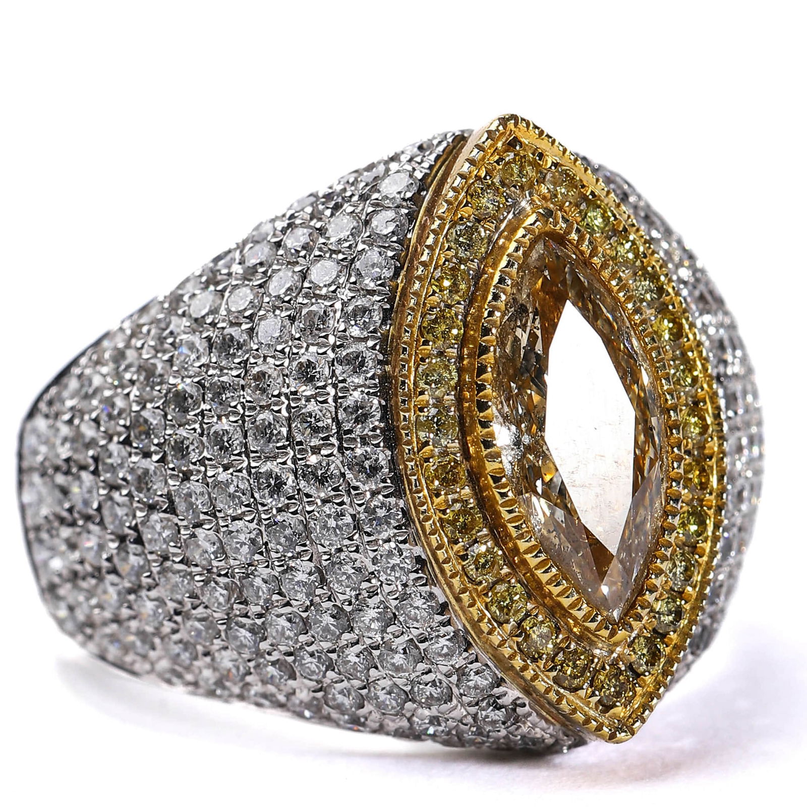 A RETRO 18K WHITE GOLD YELLOW DIAMOND AND DIAMOND RING.: This elegant retro-era ring is meticulously handcrafted in 18K white gold. The centerpiece features a stunning marquise-cut natural yellow diamond weighing approximately 1.04 carats, surrounded by a d