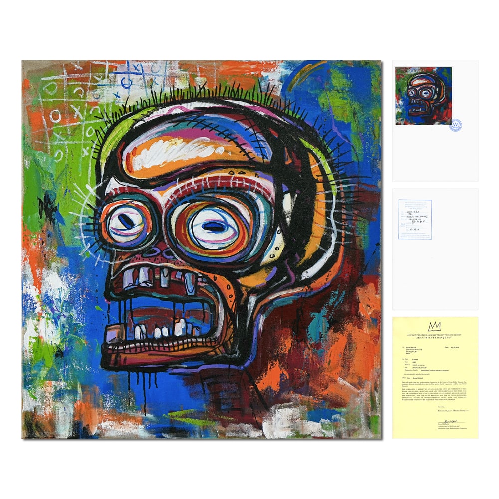JEAN-MICHEL BASQUIAT (1960-1988), ACRYLIC ON CANVAS: Image Dimensions: 36 x 34 in (91.5 x 86.5 cm) Signed (verso) This painting comes with COA. This 1982 acrylic on canvas stands as a quintessential example of Jean-Michel Basquiat's raw energy and unfil