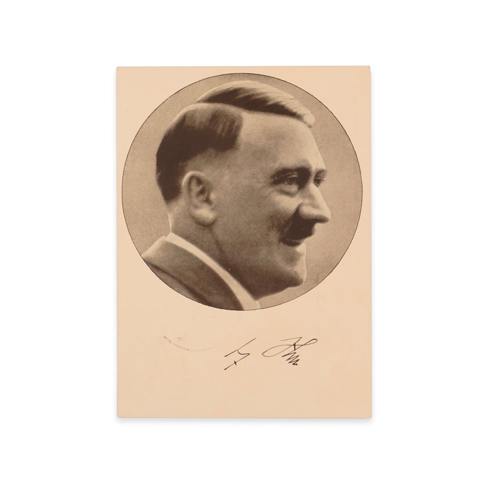 ADOLF HITLER SIGNED POSTCARD FEATURING A PROFILE PORTRAIT, DATED 1939: Provenance and Authentication: This collectible has undergone a rigorous forensic evaluation. The signatures were carefully analyzed across multiple criteria, including ink deposition, material aging