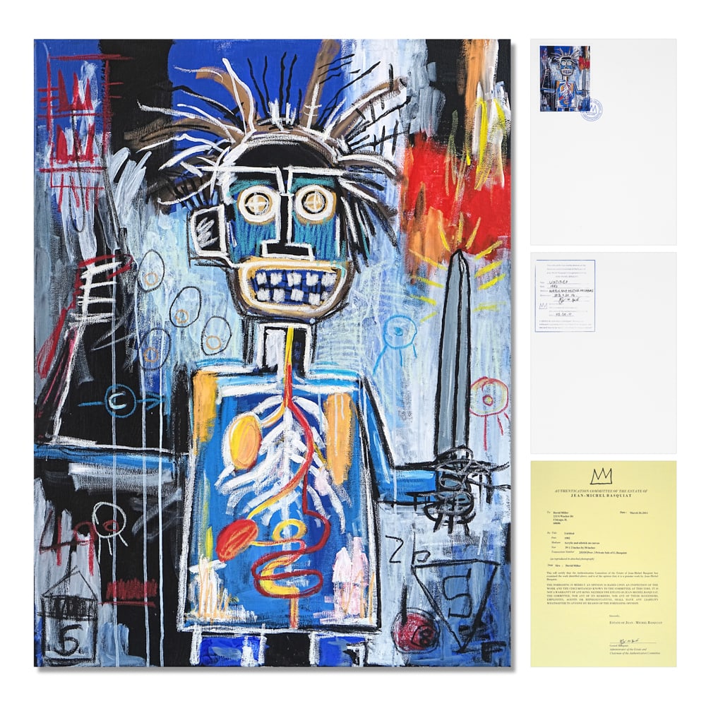 JEAN-MICHEL BASQUIAT (1960-1988), ACRYLIC AND OILSTICK ON CANVAS: Image Dimensions: 39 1/2 x 30 in (100.3 x 76.2 cm) Signed (verso) This painting comes with COA. Jean-Michel Basquiat stands as one of the most significant and transformative artists of the late twenti