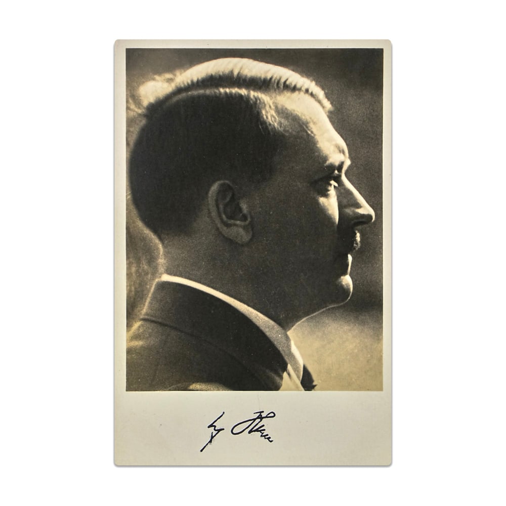 ADOLF HITLER SIGNED POSTCARD: 5 1/2 x 3 5/8 in (14 x 9.1 cm) This signed postcard is associated with Adolf Hitler, a central political figure of twentieth century European history. Objects bearing his signature are examined strict