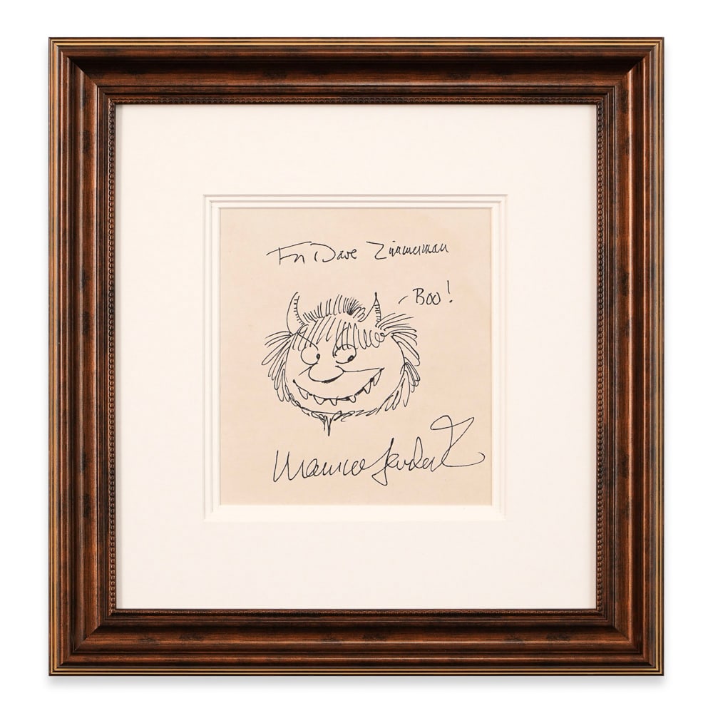 MAURICE SENDAK SIGNED SKETCH: Image Dimensions: 7 5/8 x 8 1/2 in (19.5 x 21.5 cm) Framed Dimensions: 18 1/4 x 17 1/2 in (46.5 x 44.5 cm) Provenance and Authentication: This collectible has undergone a rigorous forensic evaluation.