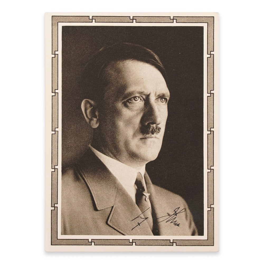 ADOLF HITLER SIGNED POSTCARD: 5 7/8 x 4 1/8 in (14.8 x 10.6 cm) This signed postcard bearing the image and autograph of Adolf Hitler stands as one of the most historically charged forms of 20th-century political memorabilia. Unlik