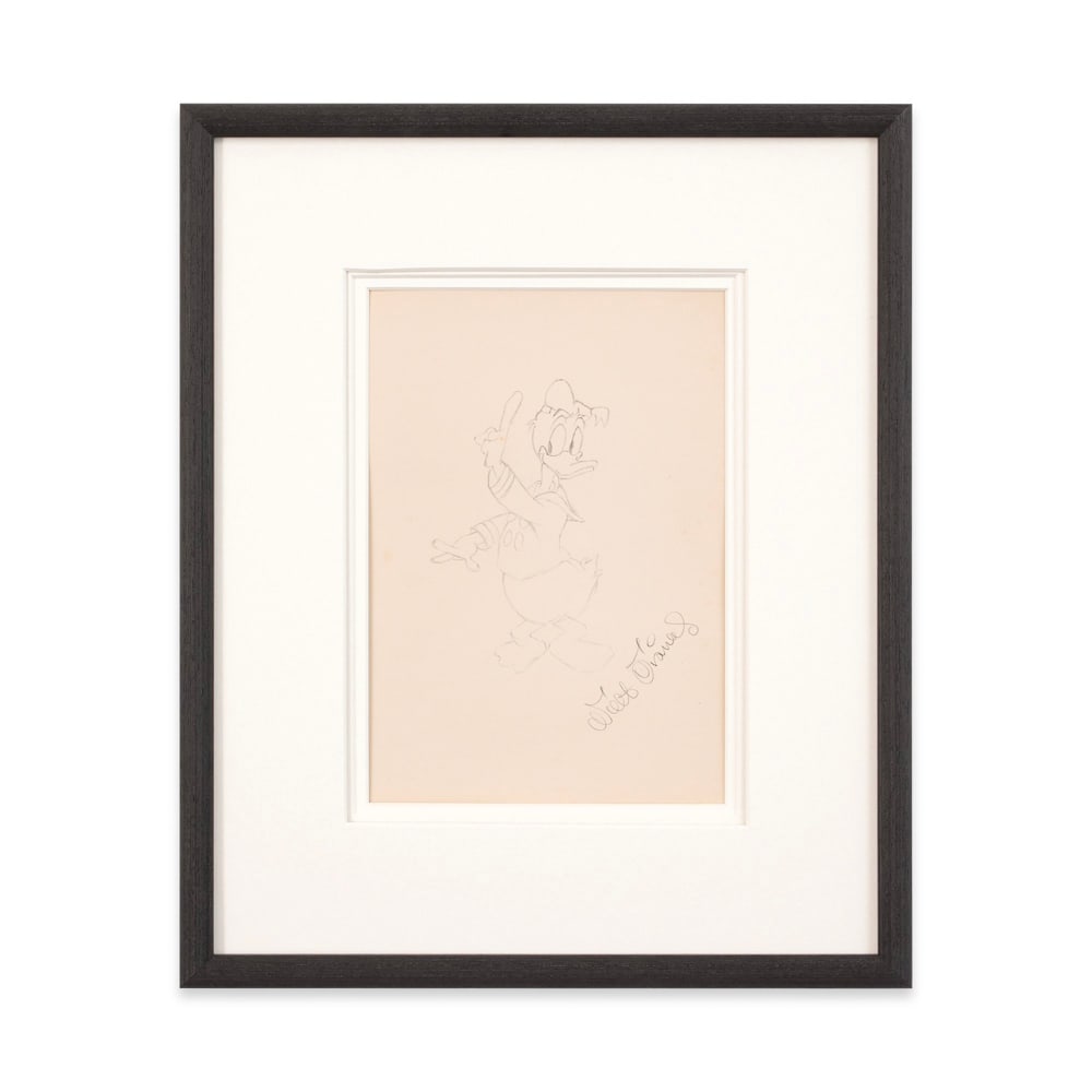 WALT DISNEY SIGNED DONALD DUCK SKETCH: Image Dimensions: 7 1/4 x 10 3/8 in (18.3 x 26.5 cm) Framed Dimensions: 17 7/8 x 14 3/4 in (45.5 x 37.4 cm) Provenance and Authentication: This collectible has undergone a rigorous forensic evaluation