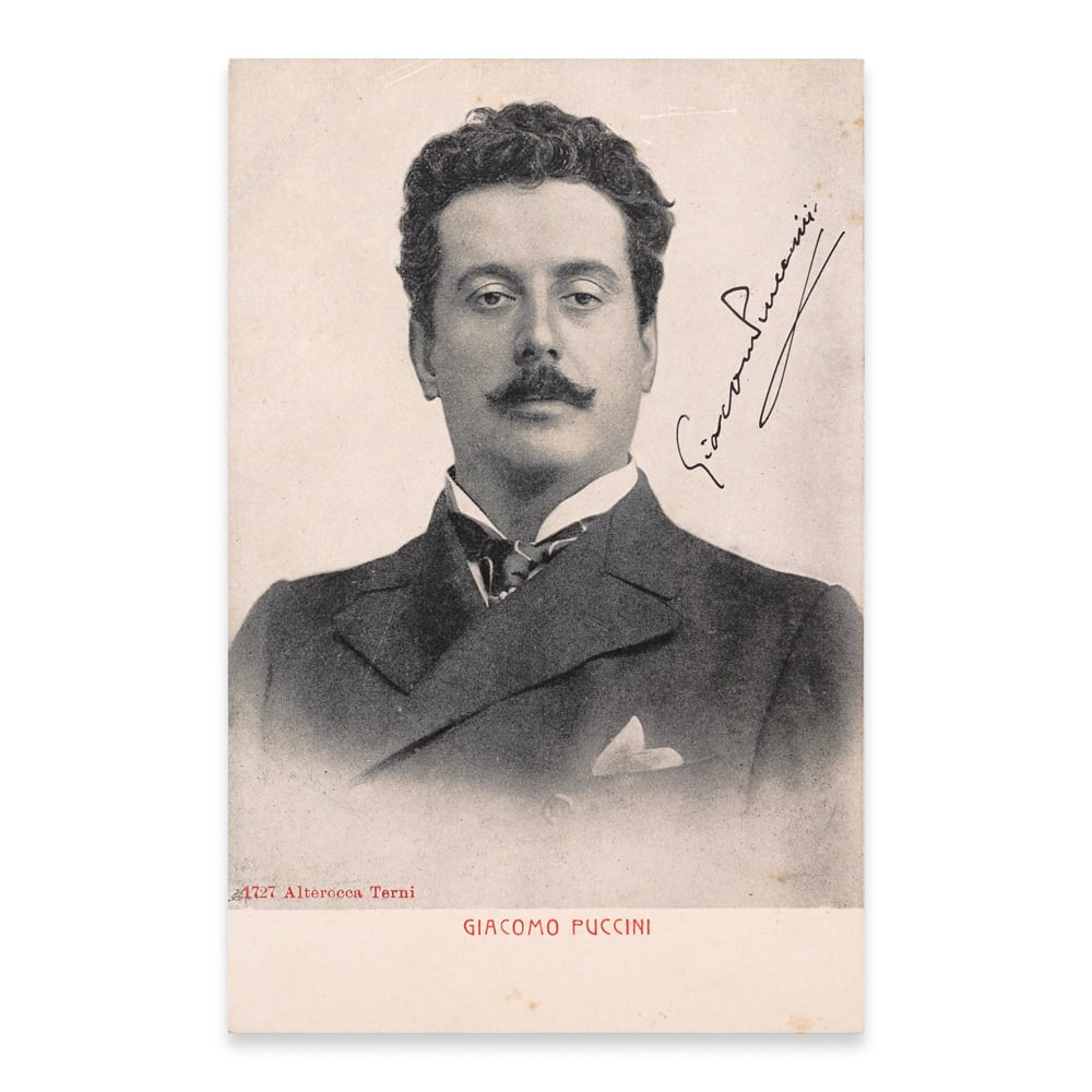 GIACOMO PUCCINI SIGNED PORTRAIT POSTCARD: 5 1/2 x 3 1/2 in (14 x 9 cm) Provenance and Authentication: This collectible has undergone a rigorous forensic evaluation. The signatures were carefully analyzed across multiple criteria, including in