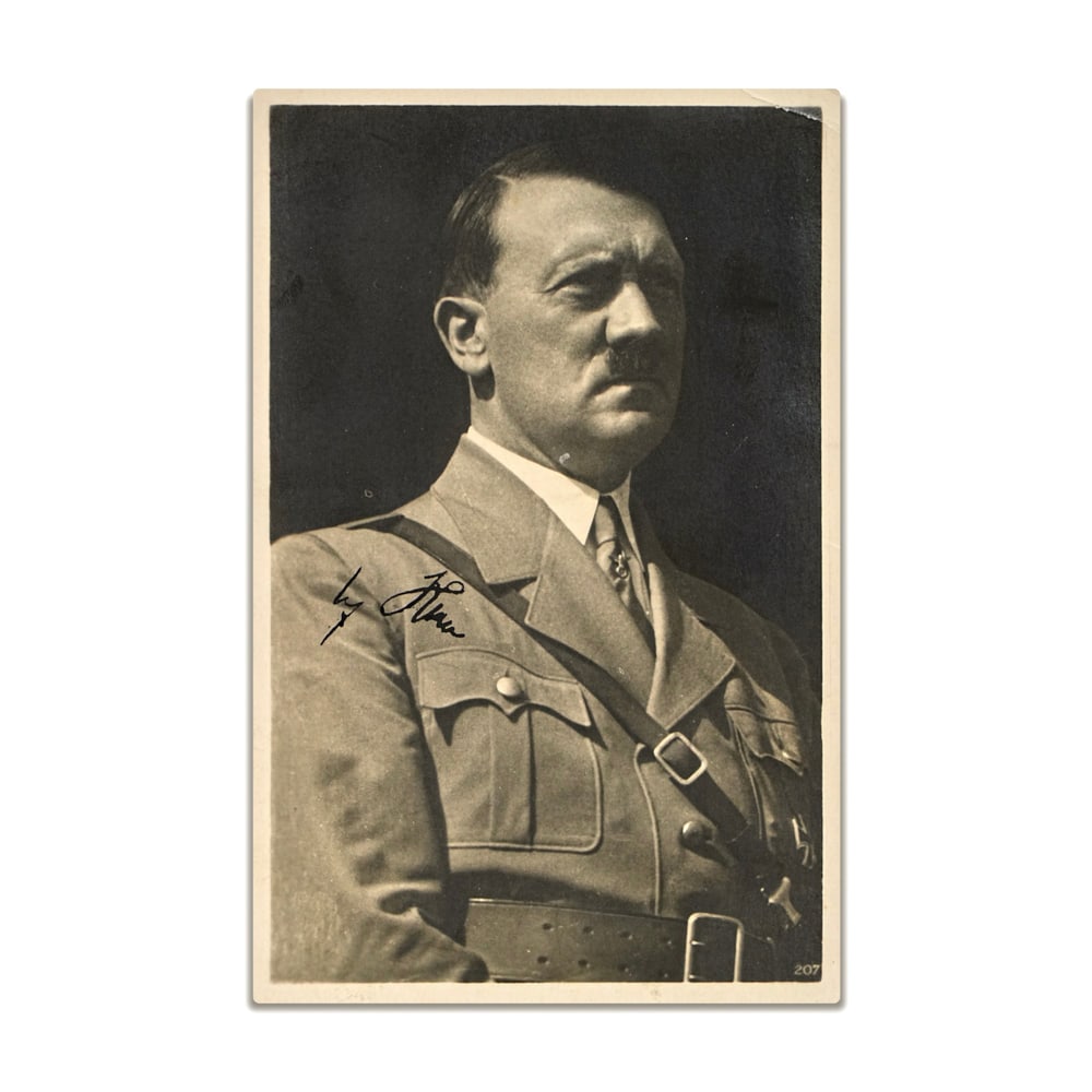 ADOLF HITLER SIGNED POSTCARD: 5 1/2 x 3 1/2 in (14 x 8.9 cm) This signed postcard is associated with Adolf Hitler, a central political figure of twentieth century European history. Items bearing his signature are documented within