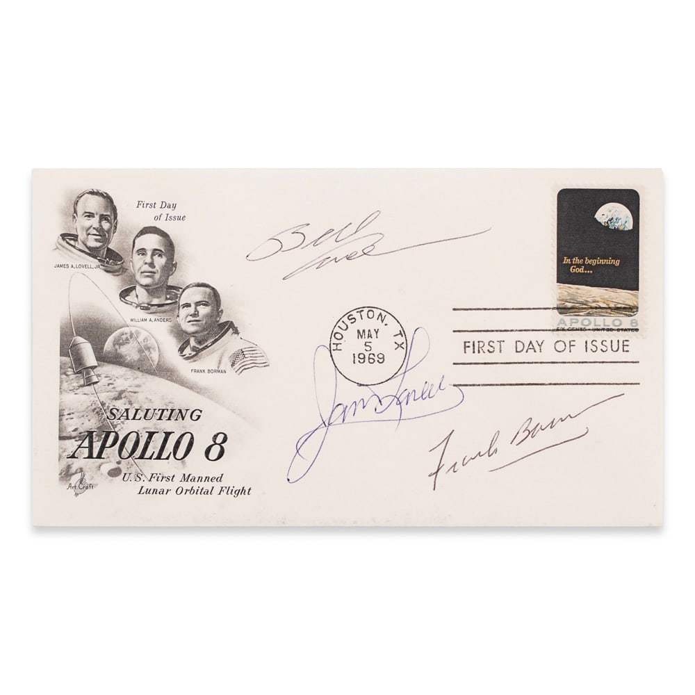 JAMES LOVELL, WILLIAM ANDERS AND FRANK BORMAN FULLY SIGNED APOLLO 8 FIRST DAY COVER (1 of 2)