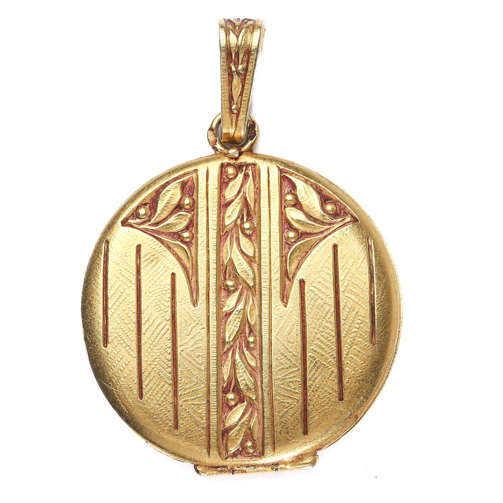 ART NOUVEAU FRENCH GOLD LOCKET PENDANT: Dimensions Height: approx. 1 3/8 in (35 mm); Width: approx. 15/16 in (24 mm); Weight: 3.8 g Description A refined French Art Nouveau gold locket pendant, dating to circa 1880–1920, meticulously