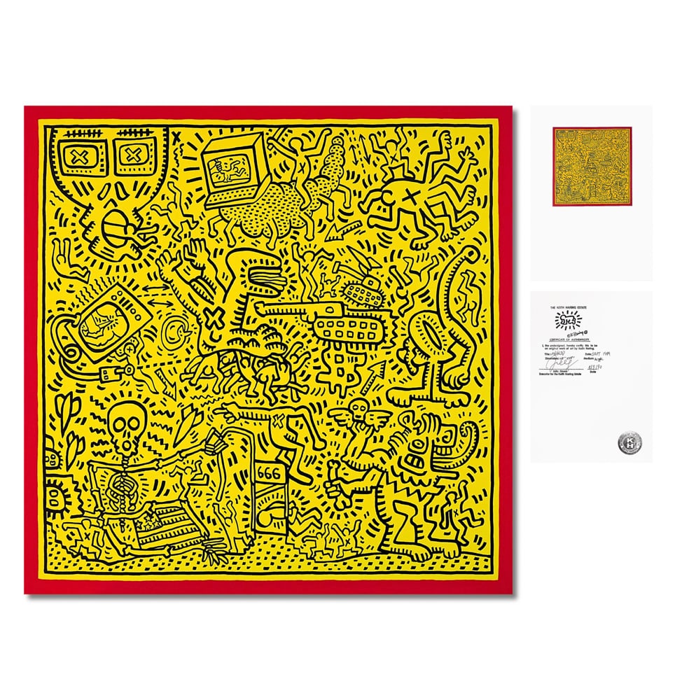 KEITH HARING (1958-1990), ACRYLIC ON CANVAS: Signed (verso) Image Dimensions: 48 x 48 in (122 x 122 cm) This painting comes with COA. Keith Haring, a leading figure of New York's 1980s street art movement, revolutionized the dialogue between hig