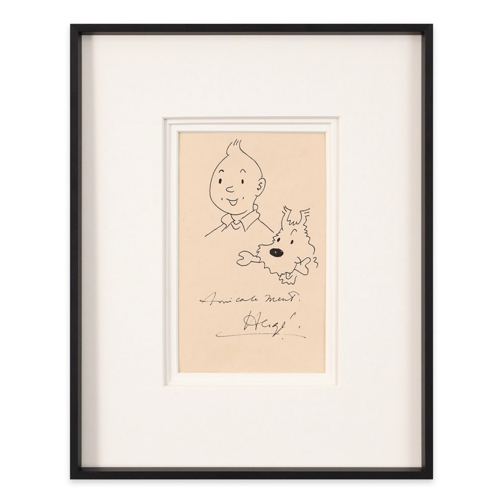 HERGÉ SIGNED TINTIN AND SNOWY DRAWING: Image Dimensions: 7 1/4 x 4 1/2 in (18.5 x 11.3 cm) Framed Dimensions: 14 1/8 x 11 1/4 in (36 x 28.5 cm) Provenance and Authentication: This collectible has undergone a rigorous forensic evaluation. T