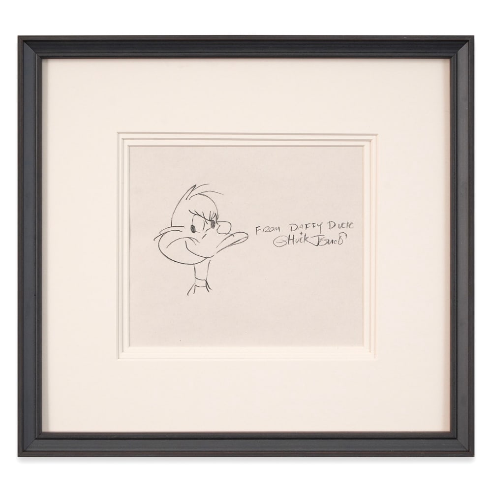 CHUCK JONES SIGNED SKETCH OF DAFFY DUCK: Image Dimensions: 8 1/8 x 6 7/8 in (20.5 x 17.5 cm) Framed Dimensions: 15 7/8 x 14 3/4 in (40.5 x 37.5 cm) Provenance and Authentication: This collectible has undergone a rigorous forensic evaluation.