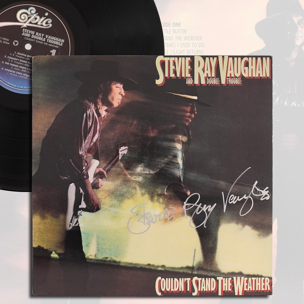 STEVIE RAY VAUGHAN SIGNED "COULD NOT STAND THE WEATHER" LP: 12 1/4 x 12 1/4 in Provenance and Authentication: This collectible has undergone a rigorous forensic evaluation. The signatures were carefully analyzed across multiple criteria, including ink depositi