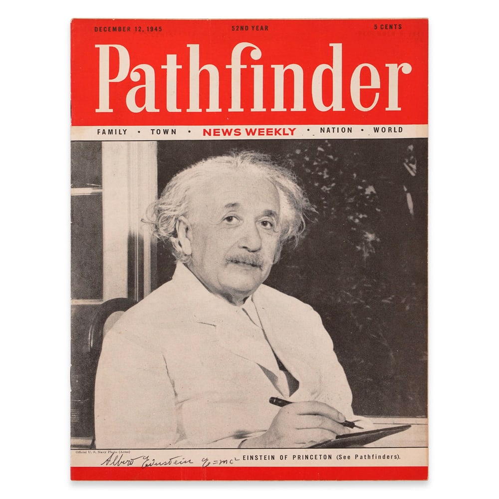ALBERT EINSTEIN SIGNED PATHFINDER MAGAZINE: 10 7/8 x 8 1/4 in (27.5 x 21 cm) Provenance and Authentication: This collectible has undergone a rigorous forensic evaluation. The signatures were carefully analyzed across multiple criteria,