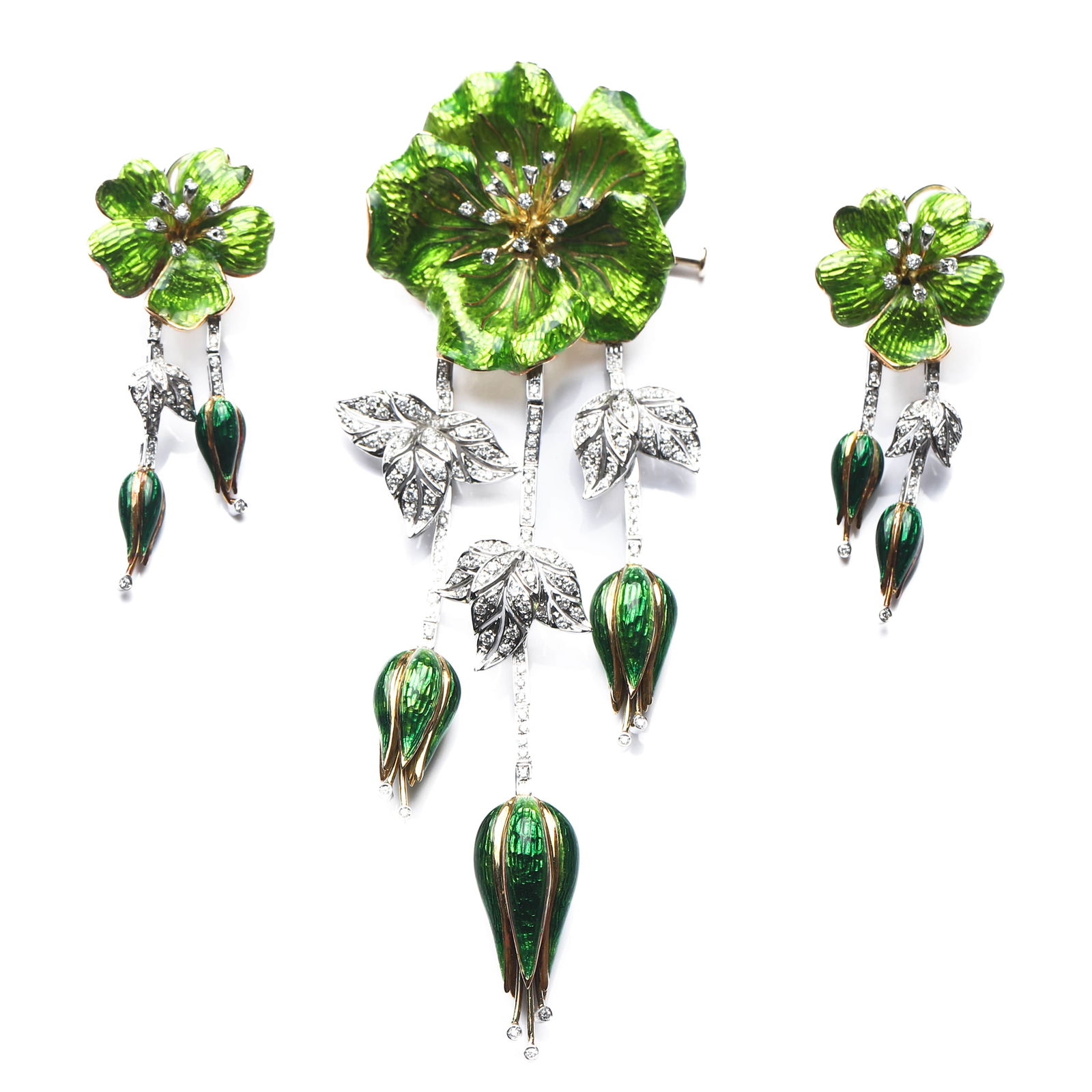 ENAMELED FLOWER BROOCH AND EARRINGS SET: Dimensions Brooch: 4 1/2 × 1 9/16 in. (11.5 × 4 cm)Earrings: 2 × 13/16 in. (5 × 2 cm)Total Weight: 64.5 g Description An elegant Art Nouveau–inspired jewelry suite comprising a brooch and