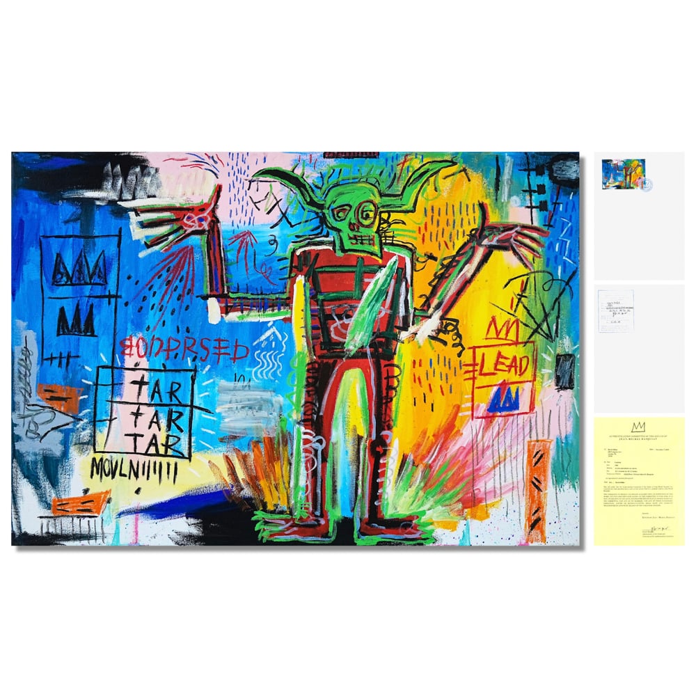 JEAN-MICHEL BASQUIAT (1960-1988), ACRYLIC AND OILSTICK ON CANVAS: Signed (verso) Image Dimensions: 32 1/4 x 46 1/2 in (82 x 118 cm) This painting comes with COA. Jean-Michel Basquiat stands as one of the most influential and uncompromising figures in late twentieth
