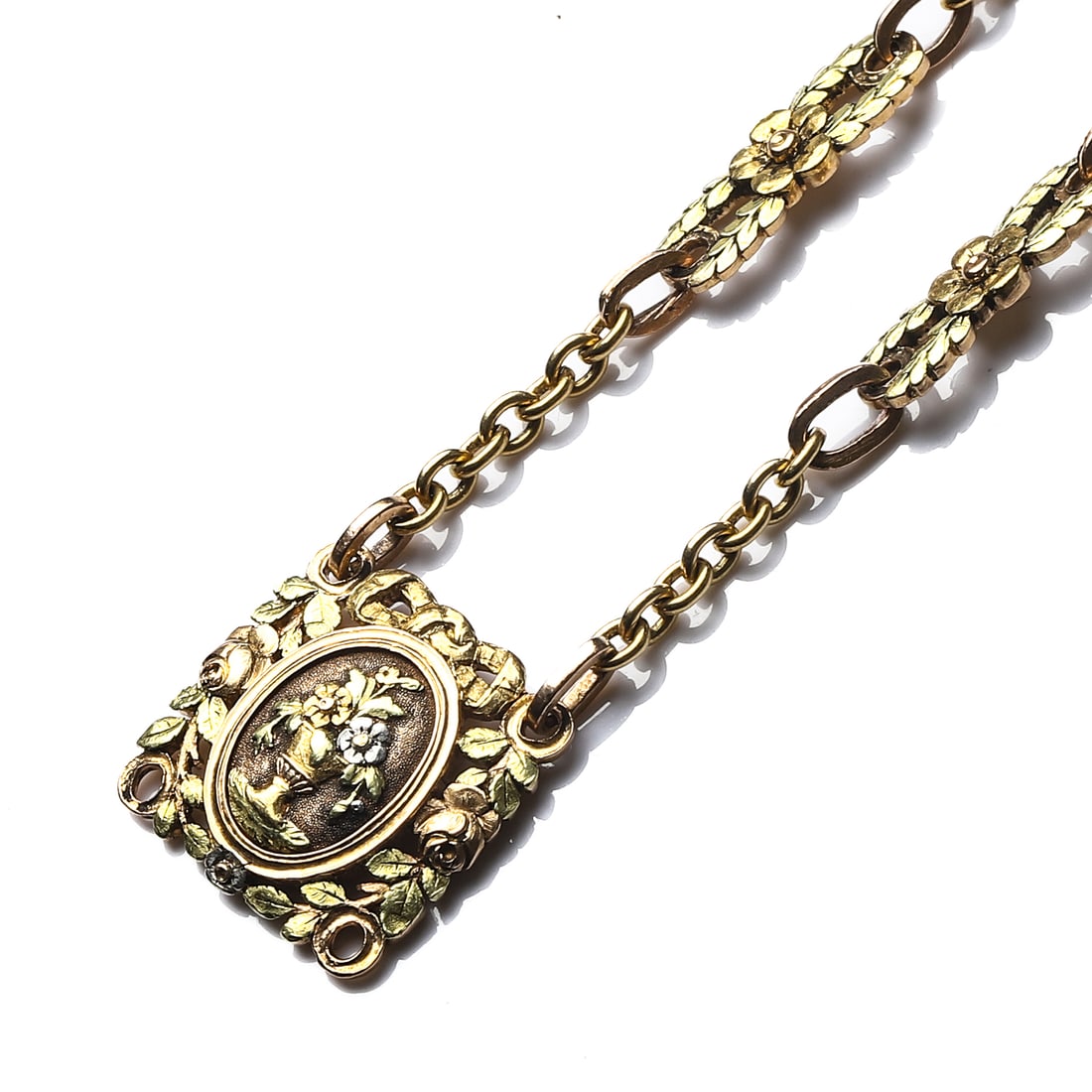 ANTIQUE GOLD LOCKET NECKLACE WITH FLORAL MOTIF: DimensionsLength: 12 5/8 in. (32 cm); Weight: 26.6 g Description An elegant antique gold necklace featuring a decorative floral-link chain and a central rectangular locket pendant with an oval