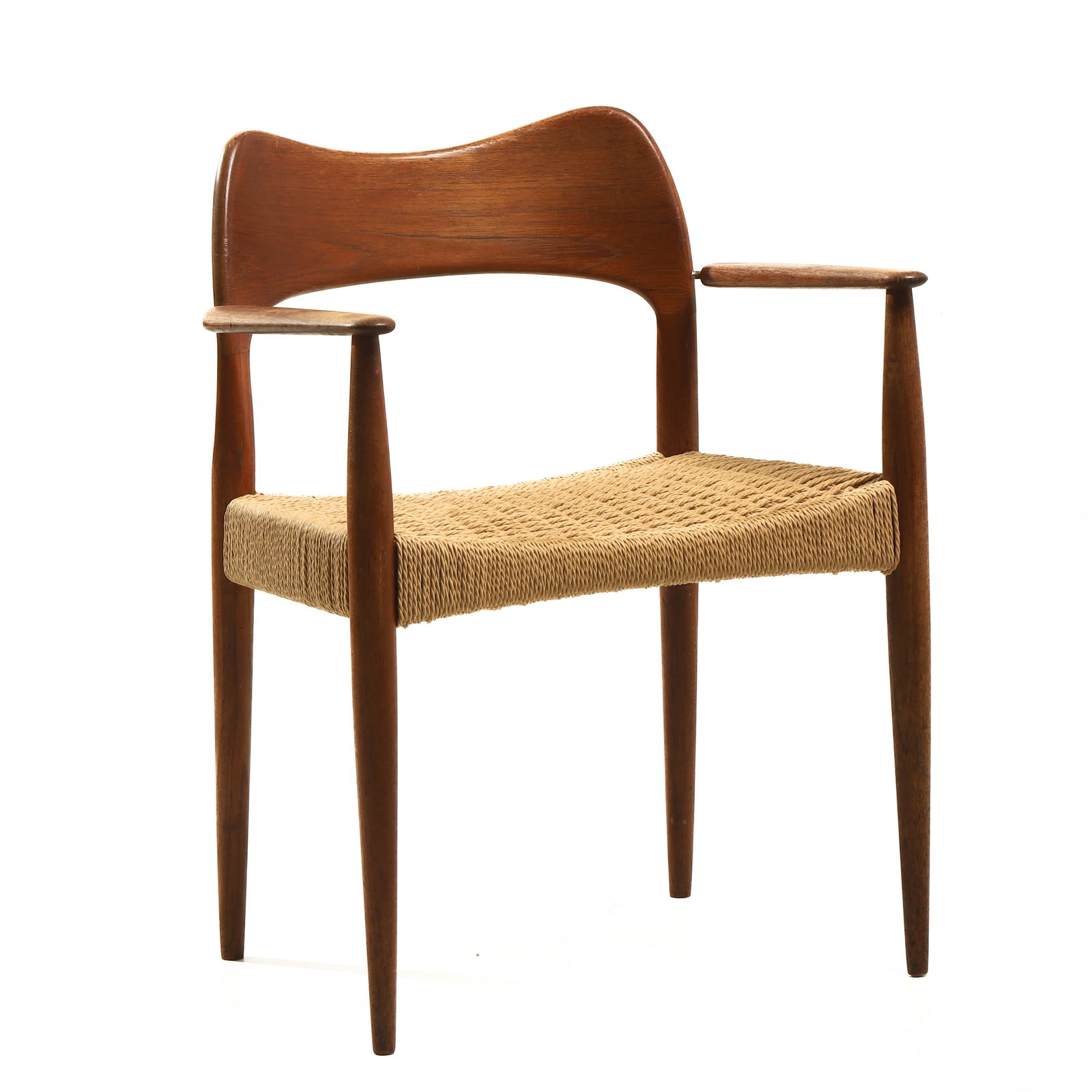DANISH MODERN TEAK ARMCHAIR WITH PAPERCORD SEAT. (1 of 6)