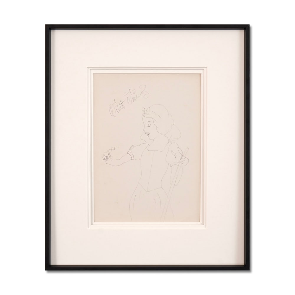 WALT DISNEY SIGNED DRAWING: Image Dimensions: 7 1/2 x 10 3/8 in (19 x 26.2 cm) Frame Dimensions: 14 1/8 x 17 in (35.8 x 43.2 cm) Provenance and Authentication: This collectible has undergone a rigorous forensic evaluation. The s