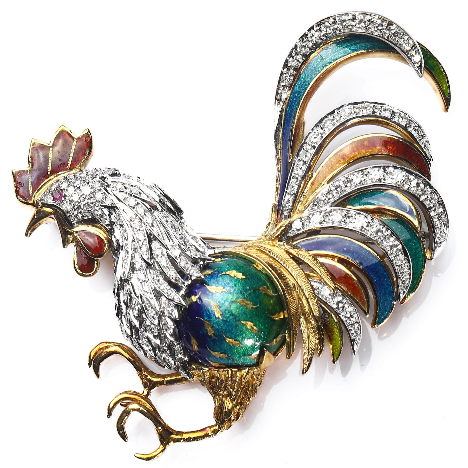 18K GOLD, DIAMOND AND ENAMEL ROOSTER BROOCH: Dimensions Length: 2 3/16 in. (5.5 cm)Weight: 31 g Description An elaborate 18K gold rooster brooch finely modeled in a dynamic standing pose. The body is centered with a domed enameled element