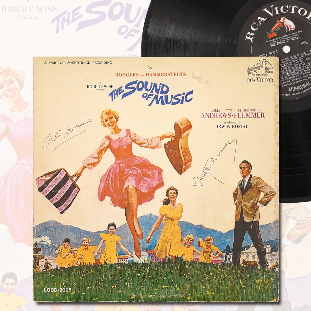 JULIE ANDREWS & CHRISTOPHER PLUMMER FULLY SIGNED "THE SOUND OF MUSIC" LP: 12 1/4 x 12 1/4 in Provenance and Authentication: This collectible has undergone a rigorous forensic evaluation. The signatures were carefully analyzed across multiple criteria, including ink