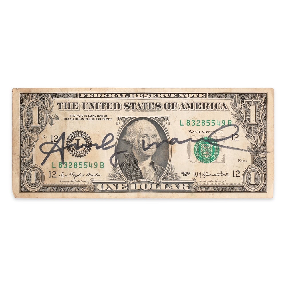 ANDY WARHOL SIGNED 1977 SERIES ONE DOLLAR FEDERAL RESERVE NOTE: 6 1/8 x 2 1/2 in (15.5 x 6.5 cm) Provenance and authentication: This collectible has undergone a rigorous forensic evaluation. The signatures were carefully analyzed across multiple criteria, includin