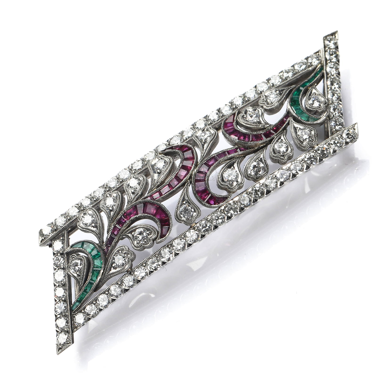 ART DECO PLATINUM, DIAMOND, RUBY AND EMERALD BROOCH - 2