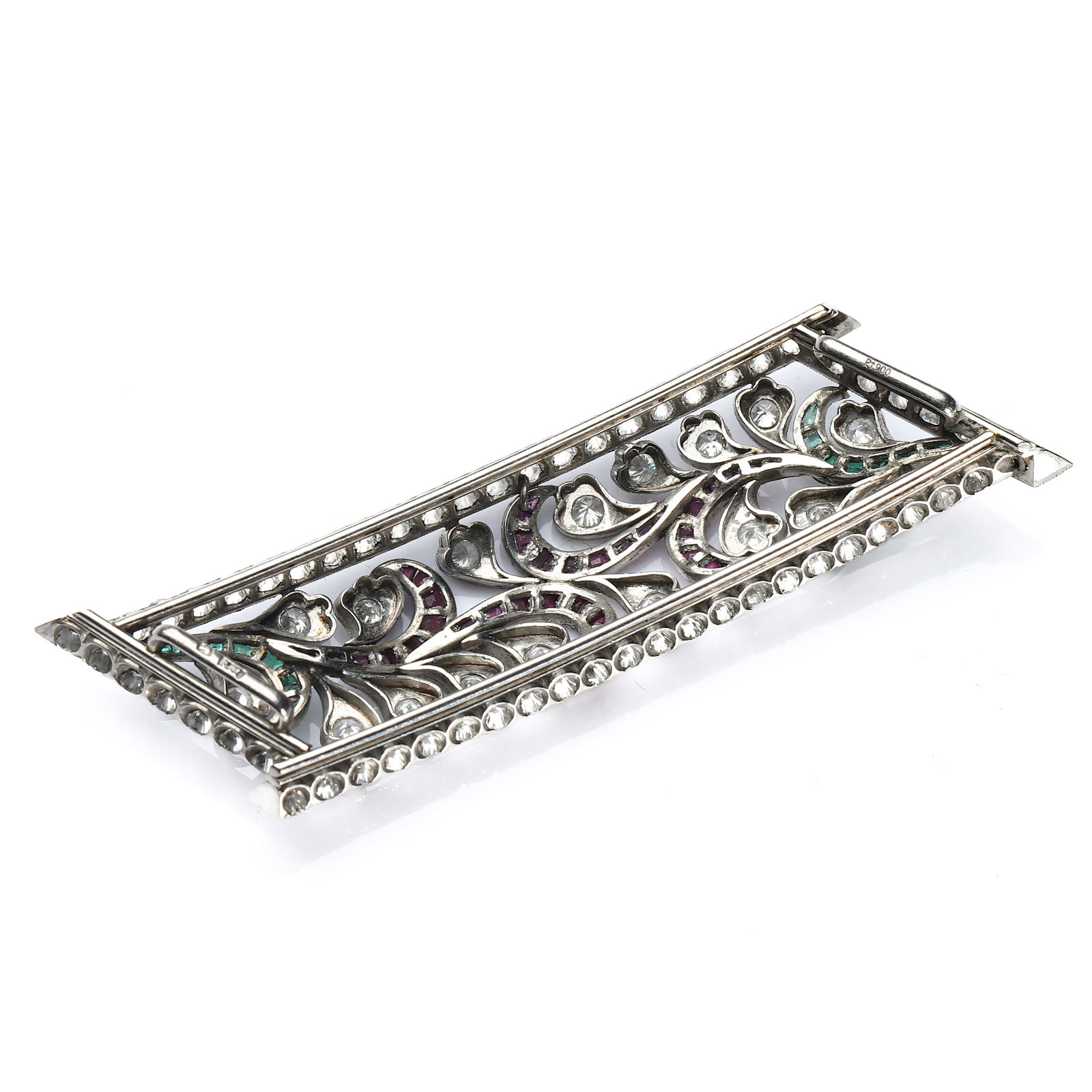 ART DECO PLATINUM, DIAMOND, RUBY AND EMERALD BROOCH - 3