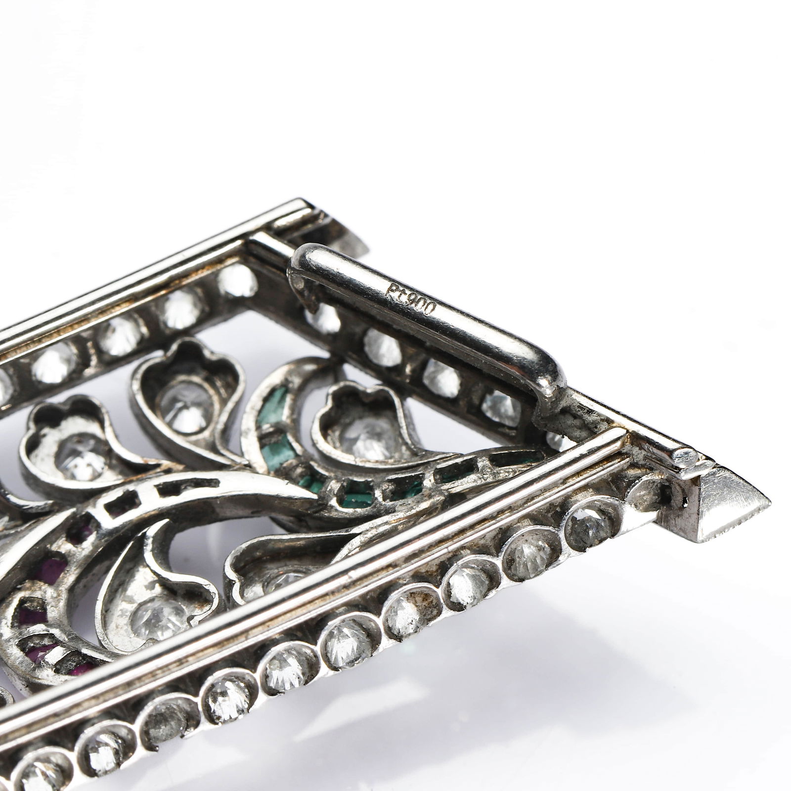 ART DECO PLATINUM, DIAMOND, RUBY AND EMERALD BROOCH - 4