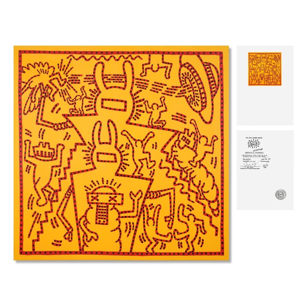KEITH HARING (1958-1990), ACRYLIC ON CANVAS: Signed (verso) Image Dimensions: 40 x 40 in (101.6 x 101.6 cm) This painting comes with COA. Keith Haring, a leading figure of the 1980s American art scene, is renowned for his dynamic, vibrant