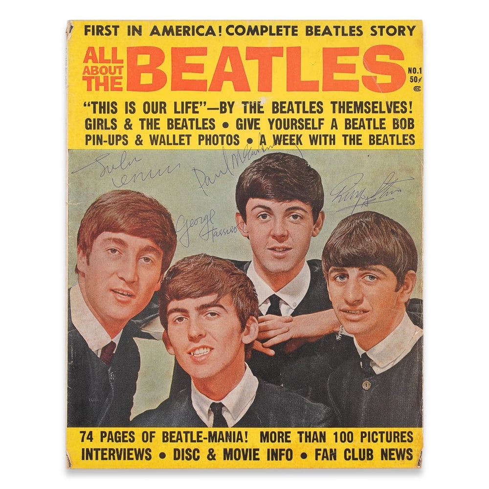 THE BEATLES FULLY SIGNED "ALL ABOUT THE BEATLES" NO. 1 MAGAZINE: 10 7/8 x 8 1/2 in (27.5 x 21.5 cm) Provenance and Authentication: This collectible has undergone a rigorous forensic evaluation. The signatures were carefully analyzed across multiple criteria,